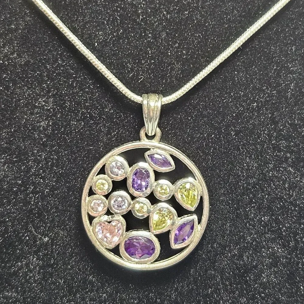 Sterling Silver Multicolored Rhinestone Round Pendant Necklace 20
